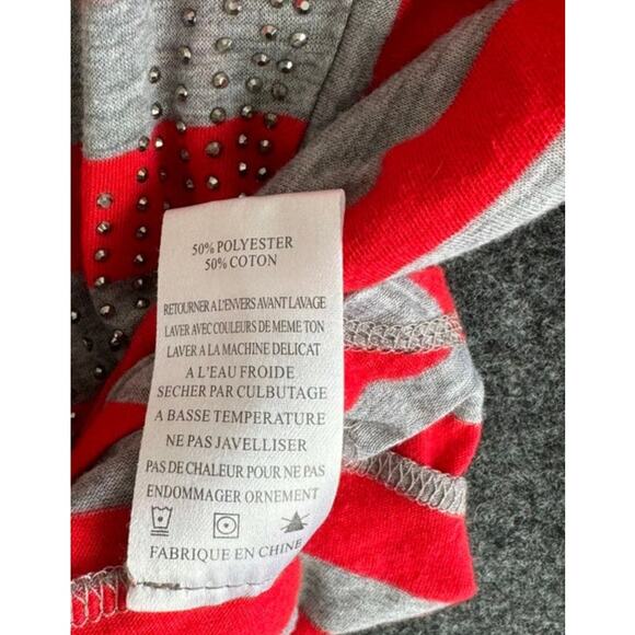 Miss Me Small Top Striped Red Gray Bling Asymetrical Shark Hem Chevron Top - Picture 7 of 8